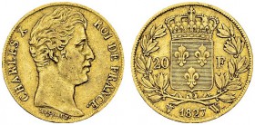 20 Francs 1827 W, Lille. Gad. 1029; F. 520. AU. 6.41 g. 3431 ex. TTB griffures