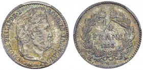 Louis-Philippe Ier, 1830-1848. ¼ Franc 1838 A, Paris. Gad. 355; F. 166. AR. 1.25 g. PCGS MS 67
Seulement deux exemplaires gradés MS 67 par PCGS, le p...