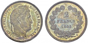 2 Francs 1845 A, Paris. Proue. Gad. 520; F. 260. AR. 10.00 g. PCGS MS 66
Seulement deux exemplaires de grade supérieur pour tout le type chez PCGS et...