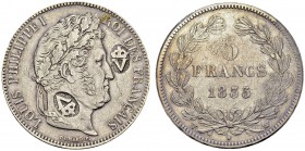 5 Francs 1835 W, Lille. AR. 24.78 g. R TTB
Deux contremarques "V couronné" à l'avers, apposées lors de la révolte vendéenne dirigée par la duchesse d...