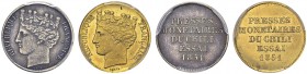 Lot de deux essais par Barre : 20 Centavos 1851, essais en argent et en or pour le Chili. Total (2). Av. REPUBLIQUE FRANCAISE. La République couronnée...