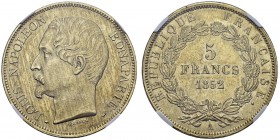 5 Francs 1852 A, Paris. Signature J. J. BARRE. Gad. 722; Fr. 328. AR. 25.00 g. R NGC MS 61