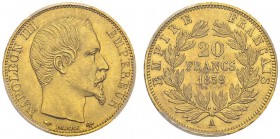 20 Francs 1859 A, Paris. Gad. 1061; F. 531. AU. 6.45 g. Rare dans cette qualité. PCGS MS 64+