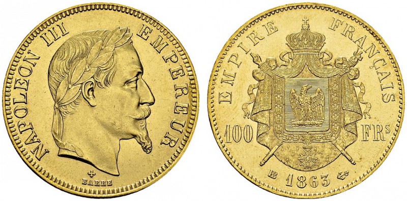 100 Francs 1863 BB, Strasbourg. Gad. 1136; F. 551. AU. 32.25 g. 5078 ex. SUP+