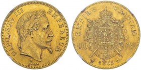 100 Francs 1869 BB, Strasbourg. Gad. 1136; F. 551. AU. 32.25 g. 12'230 ex. NGC MS 64