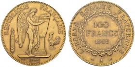 100 Francs 1908 A, Paris. Gad. 1137a; F. 553. AU. 32.25 g. 23'038 ex. PCGS MS 63