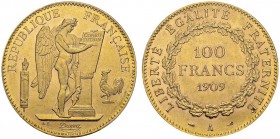 100 Francs 1909 A, Paris. Gad. 1137a; F. 553. AU. 32.20 g. 20'000 ex. PCGS MS 63