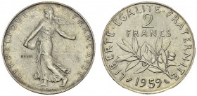 Vème République, 1958-. 2 Francs 1959. Essai en argent. Maz. 2831; GEM 120.3. AR. 8.50 g. RR. 100 ex. PCGS SP 65
