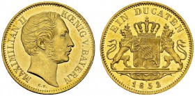 Maximilian II, 1848-1864. Ducat 1852, Munich. Obv. MAXIMILIAN II KOENIG V BAYERN. Bare head left. Rev. EIN DUCATEN. Coat of arms. KM 839; Fr. 277. AU....