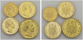 Ludwig II, 1864-1886. Lot of 4 coins : 5 Mark 1877 D (AU), 10 Mark 1873 D (XF), 1874 D (UNC), 20 Mark 1874 D (AU cleaned). Total (4). KM 904, 892, 989...