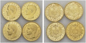 Otto, 1886-1913. Lot of 4 coins : 10 Mark 1893 D (UNC cleaned), 1896 D (AU), 1898 D (AU), 1904 D (UNC). Total (4). KM 911 (3), 994; Fr. 3770 (3), 3771...