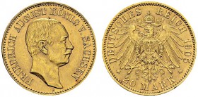 Friedrich August III, 1904-1918. 20 Mark 1905 E, Muldenhutten. KM 1265; Fr. 3848. AU. 7.93 g.
UNC