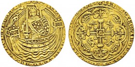 England. Edward III, 1327-1377. Gold Noble, Calais. Obv. EDWARD DEI GRA REX ANGL DNS HYB. Edward standing in ship, holding shield and sword. Rev. IHC ...