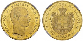 50 Drachmai 1876 A, Paris. Fr. 14. AU. 16.13 g. NGC MS 60
With only 182 coins minted, this 50 Drachmai is one of the rarest gold coins of the Kingdom...