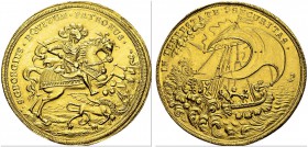 Medallic 10 Ducats ND (ca. 1690) by Christian Hermann Roth, Kremnitz. Obv. S GEORGIUS EQVITUM PATRONUS. St George slaying the dragon. Rev. IN TEMPESTA...