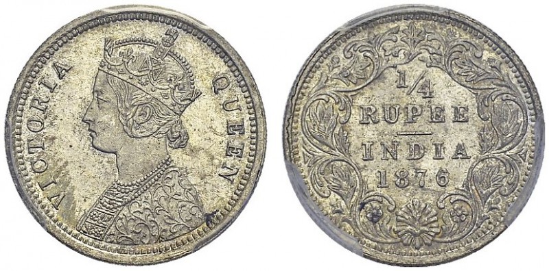 British. Victoria, 1837-1901. ¼ Rupee 1876, Bombay. KM 470. AR. 2.92 g. PCGS MS ...
