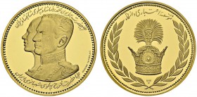 Gold medal ND, by Huguenin. 37 mm. Conjoined busts of Shah and Empress. AU. 24.67 g. PROOF
