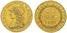 Repubblica Subalpina. Repubblica, 1800-1802. 20 Francs Year 9 (1800). KM 5; Fr. 1172; Montenegro 5. AU. 6.39 g. Nice UNC