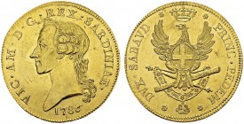 5 Doppie 1786, Torino. Obv. VIC AM D G REX SARDINIA. Bare head left. Rev. DVX SABAVD - PRINC PEDEM. Crowned eagle with coat of arms. KM 88; Fr. 1118; ...