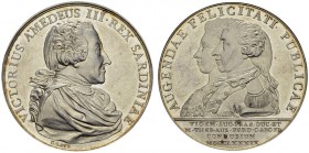 Silver medal 1789, by C. Lavy. 46 mm. Wedding of Prince Vittorio Emanuele with Maria Theresa of Austria. Obv. VICTORIUS AMADEUS III REX SARDINIAE. Bus...