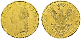 Carlo Emanuele IV, 1796-1802. Doppia 1798, Torino. Obv. CAROLUS EMANUEL IV. Bare head left. Rev. D G REX SAR CYP ET IER &. Crowned eagle of Savoy. KM ...