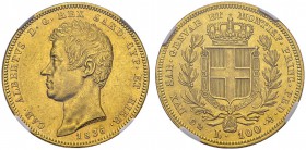 100 Lire 1836 P, Genova. KM 133.2; Fr. 1139; Montenegro 10. AU. 32.25 g. 703 ex. NGC AU 58