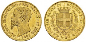 Vittorio Emanuele II, 1849-1878. 20 Lire 1851 P, Genova. KM 146.2; Fr. 1147; Montenegro 4. AU. 6.45 g. UNC