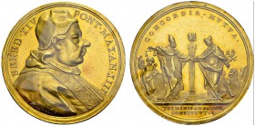Benedetto XIV, 1740-1758. Medallic 9 Ducats Year XIII (1752) by O. Hamerani. 49.5 mm. Regulation of the borders between then Papal States and Venezia....