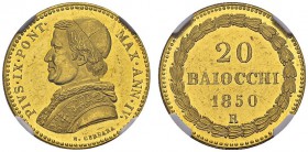 Pio IX, 1846-1878. 20 Baiocchi 1850 Anno IV R, Roma. Gold off metal strike. Obv. PIVS IX PONT MAX ANN IV. Capped bust left. Rev. 20 BAIOCCHI. Olive wr...
