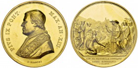 Medallic 15 Ducats Year XIII (1857) by I. Bianchi. 43.5 mm. Pope journey in his provinces. Obv. PIVS IX PONT MAX AN XIII. Capped bust left. Rev. OPT P...