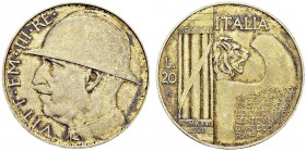 Vittorio Emanuele III, 1900-1946. 20 Lire 1928 R, Roma. Elmetto. KM 70; Montenegro 76. AR. 20.04 g. Nice UNC