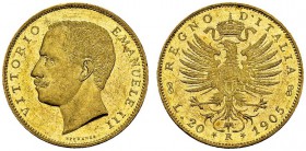 20 Lire 1905 R, Roma. Obv. VITTORIO EMANUELE III. Bare head left. Rev. REGNO D'ITALIA. Crowned eagle of Savoy. KM 37.1; Fr. 24; Montenegro 46. AU. 6.4...