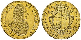 4 Zecchini 1724, Valletta. Obv. F D AN MANOEL DE VILHENA. Bust right. Rev. M M HOS ET S S HIERVSAL. Crowned coat of arms. KM 185; Fr. 26. AU. 13.54 g....