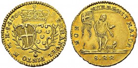20 Scudi 1764, Valletta. Obv. F EMMANVEL PINTO M M H S S. Coat of arms. Rev. NON SVRREXIT MAIOR / S XX. St John the Baptist and lamb. KM 275; Fr. 35. ...