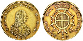 20 Scudi 1765, Valletta. Obv. F EMMANVEL PINTO M M H. Bust right. Rev. HOSPITALIS ET SANCTI SEP/ S - 20. Coat of arms. KM 277; Fr. 34. AU. 16.60 g. AU