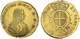 20 Scudi 1765, Valletta. Obv. F EMMANVEL PINTO M M H. Bust right. Rev. ET SANCTI SEPVLCRI HIERVSAL / S - 20. Crowned coat of arms. KM 277; Fr. 34. AU....