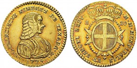 20 Scudi 1774, Valletta. Obv. FR D FRANCISCVS XIMENEZ DE TEXADA M. Bust right. Rev. M H HOSPITALIS ET SANCTI SPEV. Crowned coat of arms. KM 294; Fr. 4...