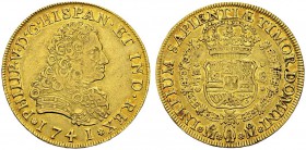 Felipe V, 1724-1746. 8 Escudos 1741 Mo MF, Mexico. Obv. PHILIP V D G HISPAN ET IND REX. Bust right. Rev. INITIUM SAPIENTI TIMOR DOMINI. Crowned coat o...