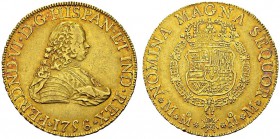 Fernando VI, 1746-1759. 8 Escudos 1756 Mo M, Mexico. Obv. FERDND VI D G HISPAN ET IND REX. Bust right. Rev. NOMINA MAGNA SEQUOR. Crowned coat of arms....