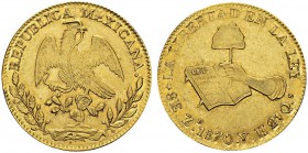 8 Escudos 1870 YH, Zacatecas. KM 383.11; Fr. 75. AU. 27.09 g. AU