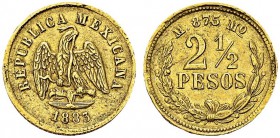 2 ½ Pesos 1883, Mexico. KM 411.5; Fr. 148. AU. 4.18 g. 400 ex. XF