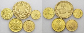 Lot of 5 coins : 2 Escudos 1863 JG Guadalajara, 8 Escudos 1862 YE Guanajuato, 5 Pesos 1906 Mexico, 10 Pesos 1894 Zacatecas (ex jewellery), 10 Pesos 19...