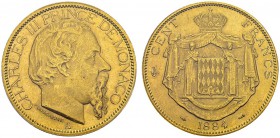 Charles III, 1856-1889. 100 Francs 1884 A, Paris. Av. CHARLES III PRINCE DE MONACO. Tête nue à droite. Rv. CENT FRANCS. Armoiries. KM 99; Gad. MC122; ...