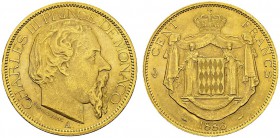100 Francs 1886 A, Paris. Av. CHARLES III PRINCE DE MONACO. Tête nue à droite. Rv. CENT FRANCS. Armoiries. KM 99; Gad. MC122; Fr. 11. AU. 32.27 g. SUP...