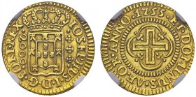 Joseph I, 1750-1777. 2000 Reis 1755, Lisbon. Obv. IOSEPHUS I D G PORT REX. Crowned shield of Portugal. Rev. ET DOMINUS AF OR ANNO 1755. Cross in quadr...