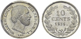 William III, 1848-1890. 10 cents 1874, Utrecht. KM 80; Schulman 653. AR. 1.40 g. PCGS MS 66