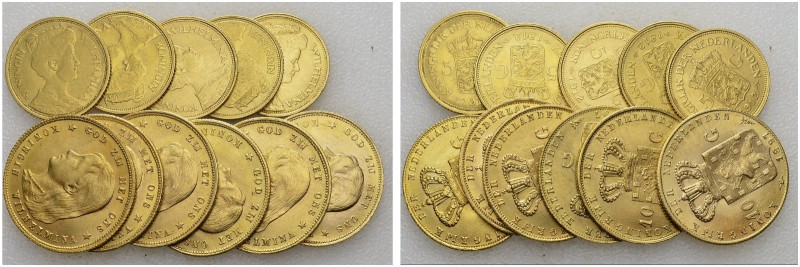 Wilhelmina, 1890-1948. Lot of 11 coins : 5 Gulden 1912 (5), 10 Gulden 1897 (6). ...