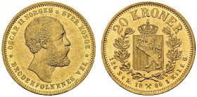 Oscar II, 1872-1905. 20 Kroner 1886. KM 355; Fr. 17. AU. 8.96 g. UNC