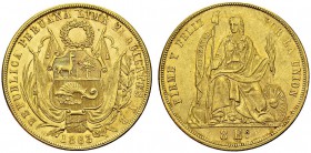Republic, 1821-. 8 Escudos 1863, Lima. KM 183; Fr. 68. AU. 26.94 g. Nice AU