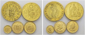 Lot of 5 coins : 8 Escudos 1826 JM, 20 Soles 1863, 1/5 Libra 1907, 1 Libra 1898, 1905. Total (5). AU. 76.30 g. (total). VF to AU